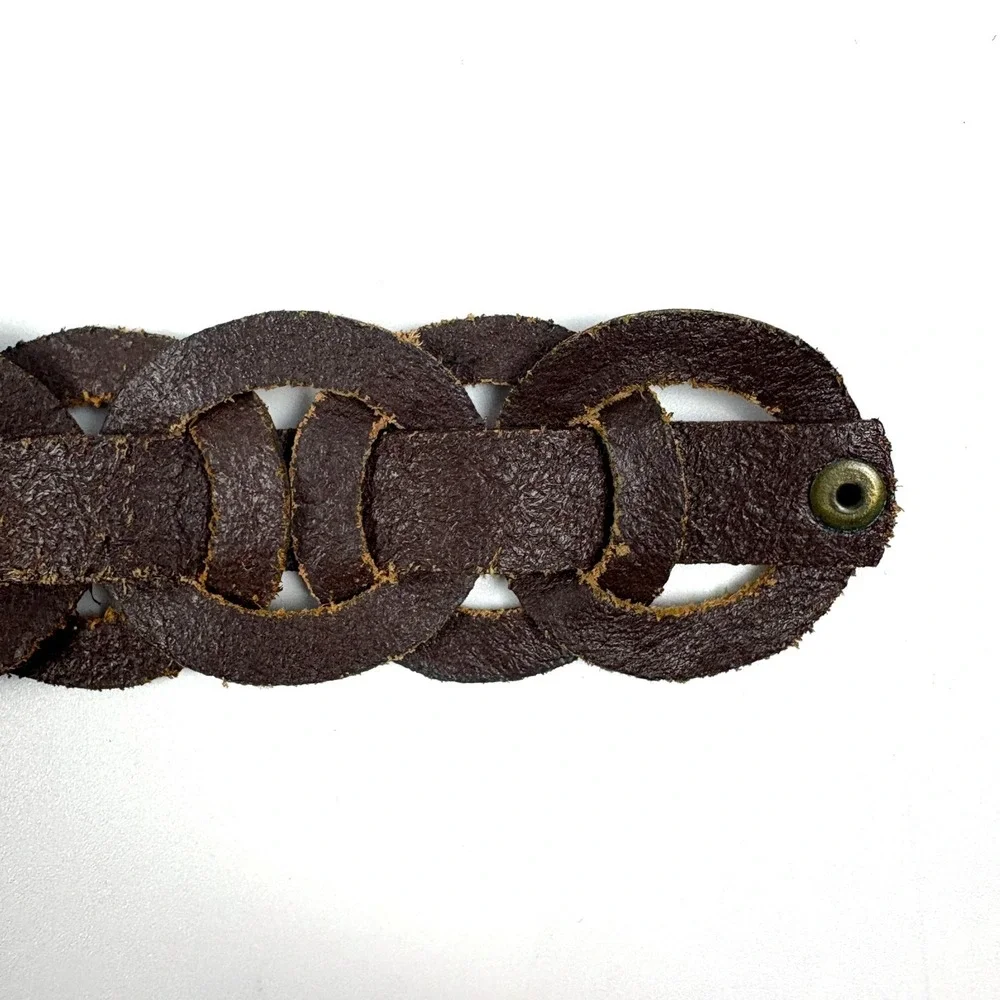 Old Navy Interlocking Chain Genuine Leather Belt Womens‎ Sz XS/S Brown Brass Dbl